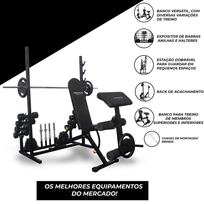 Banco Regulável 10x1 com Cadeira Extensora + Scot + Rack Agachamento